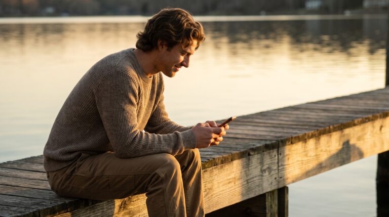 A gentle man smiling at his phone on a lake dock at sunset