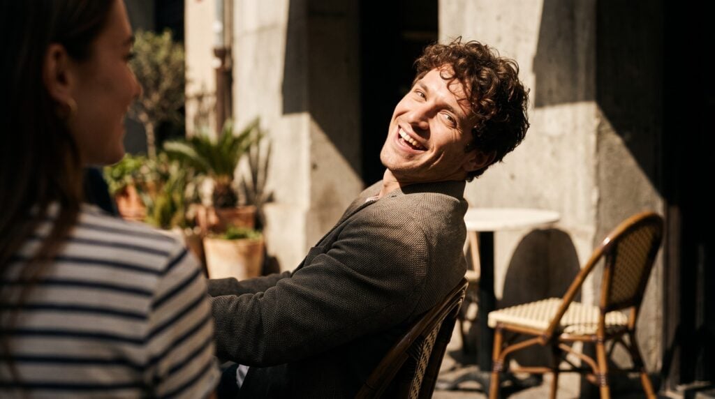 A curly haired man laughing with a playful look at a sunny outdoor cafe table