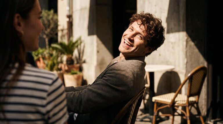 A curly haired man laughing with a playful look at a sunny outdoor cafe table