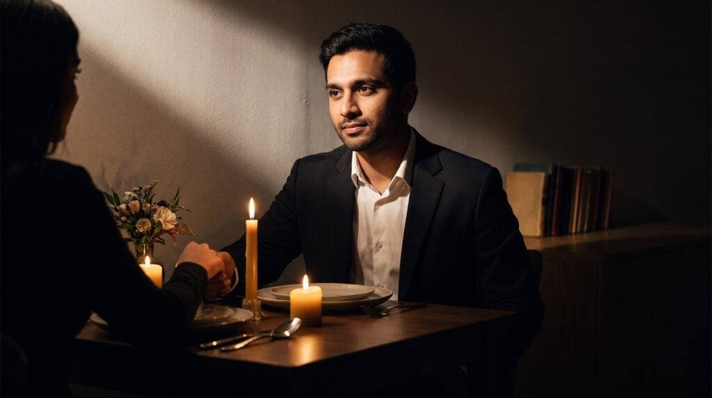 A neatly dressed man at a candlelit dinner table he set in a tidy apartment