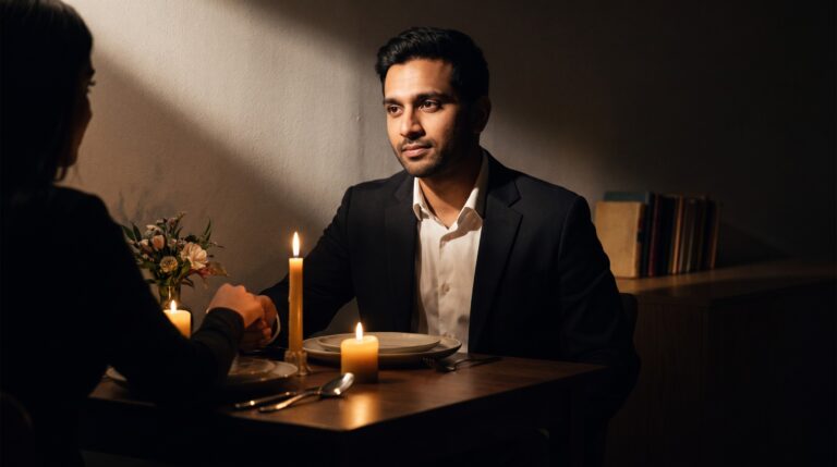A neatly dressed man at a candlelit dinner table he set in a tidy apartment