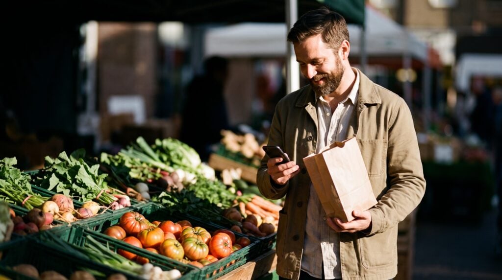 A bearded man at a farmers market stall smiling at a text on his phone