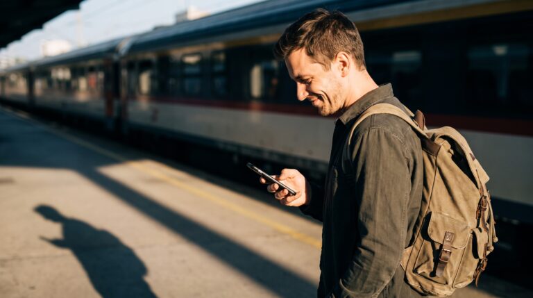 A smiling man with a backpack reading a text on a sunny train platform