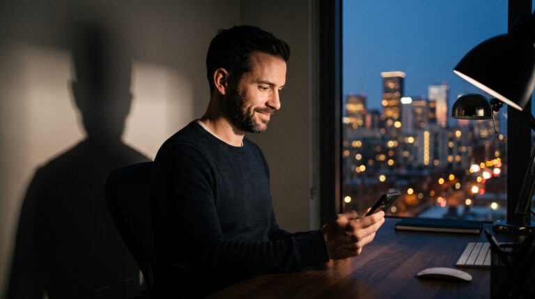 A bearded man at his desk at dusk smiling at a text on his phone