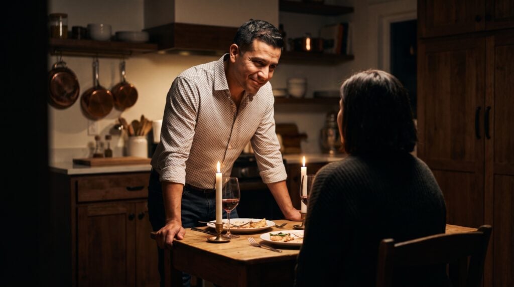 A man sharing a home cooked candlelit dinner and holding eye contact with a woman