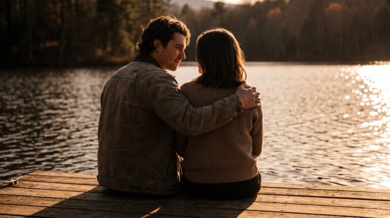A man with his arm around a woman on a lakeside dock at golden hour