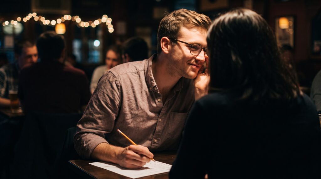A man with glasses at a pub trivia night smiling warmly at a woman friend