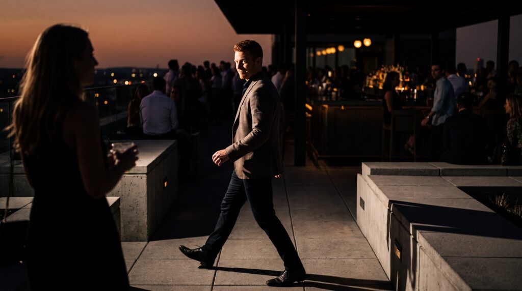 A confident man crossing a rooftop bar at dusk and glancing back with a half smile