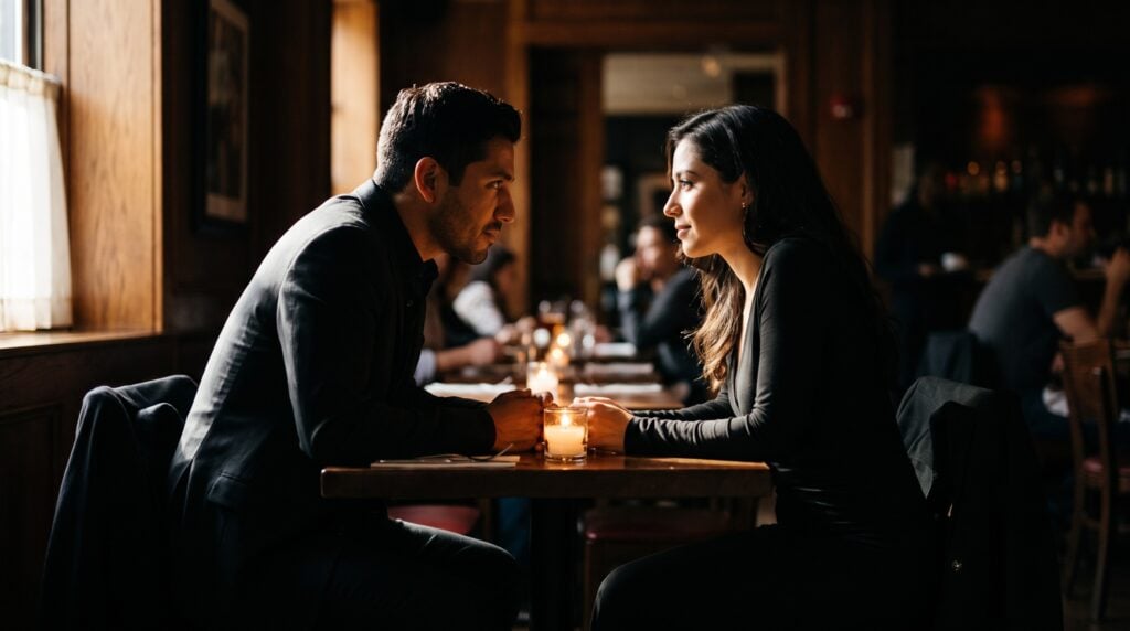 A man and woman sharing lingering eye contact across a candlelit restaurant table