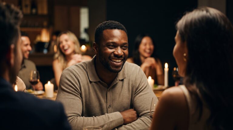 A confident man at a lively dinner table quietly watching the woman across from him