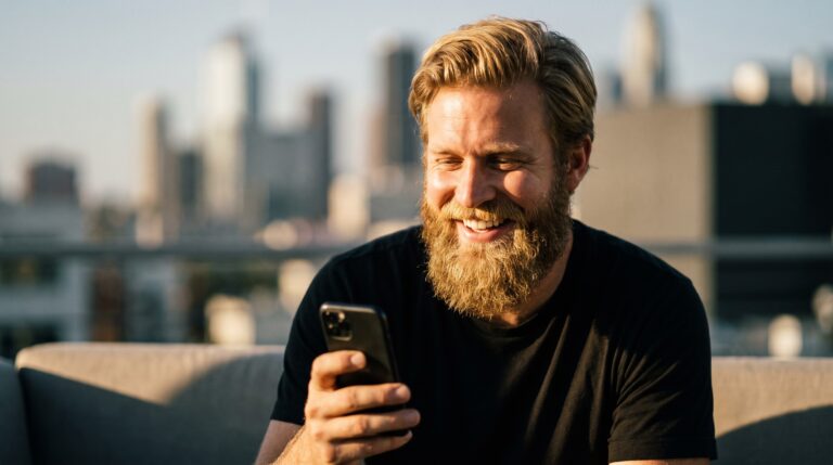 A confident bearded man grinning at his phone on a rooftop at golden hour