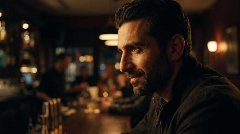 A dark haired man at a dim bar watching someone across the room with a small smile