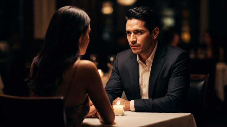 A man holding eye contact with a woman across a candlelit restaurant table