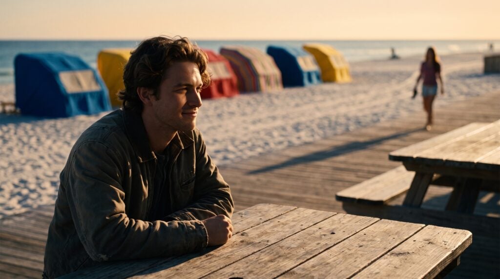 A shy man at a seaside cafe at sunset smiling softly at someone down the boardwalk