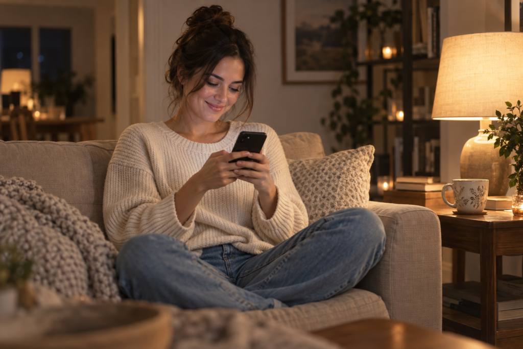 Woman smiling playfully while texting on her phone in the evening