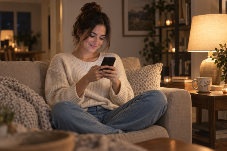 Woman smiling playfully while texting on her phone in the evening
