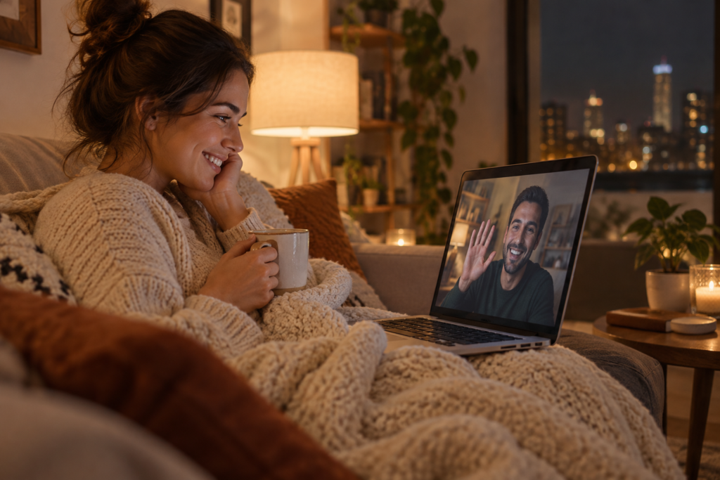 Woman smiling on a video call with her long distance boyfriend